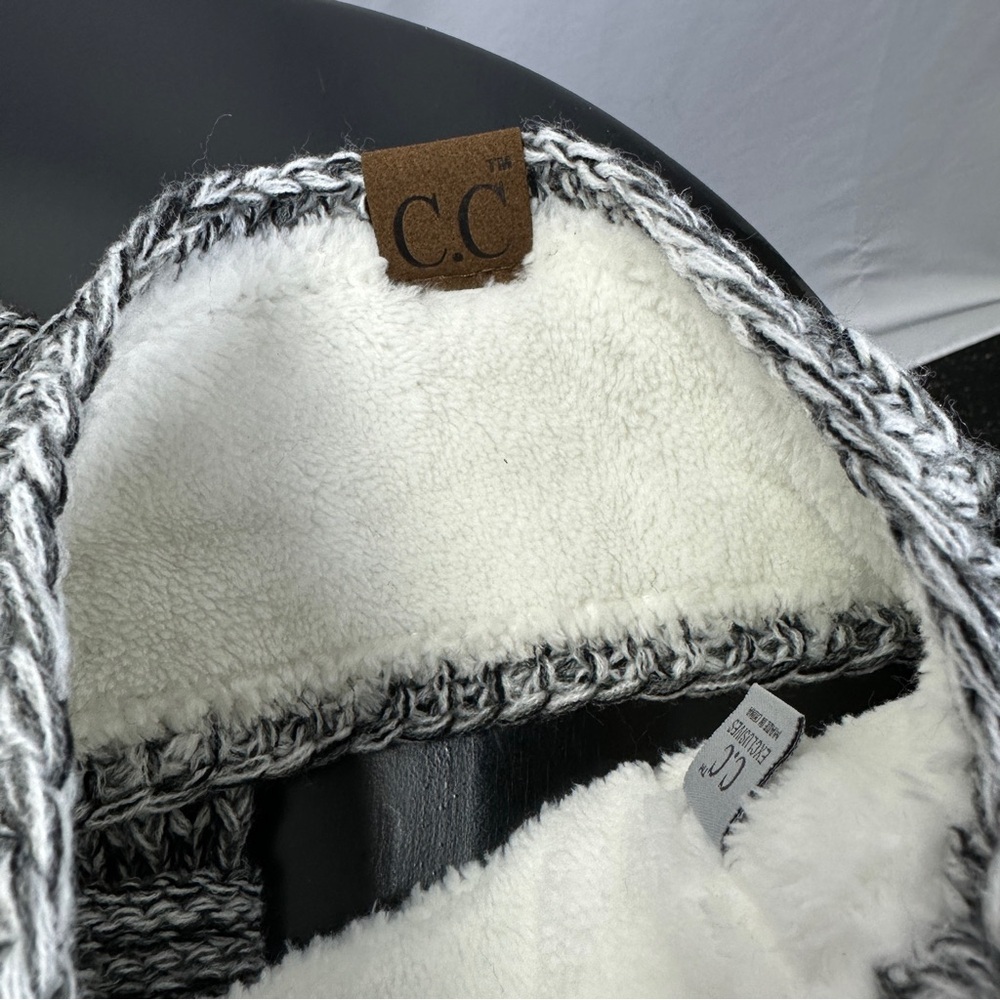 NWT C.C Knit Hat and Headband Set Pom Fleece-Lined Headband Black White Heather - Picture 2 of 5